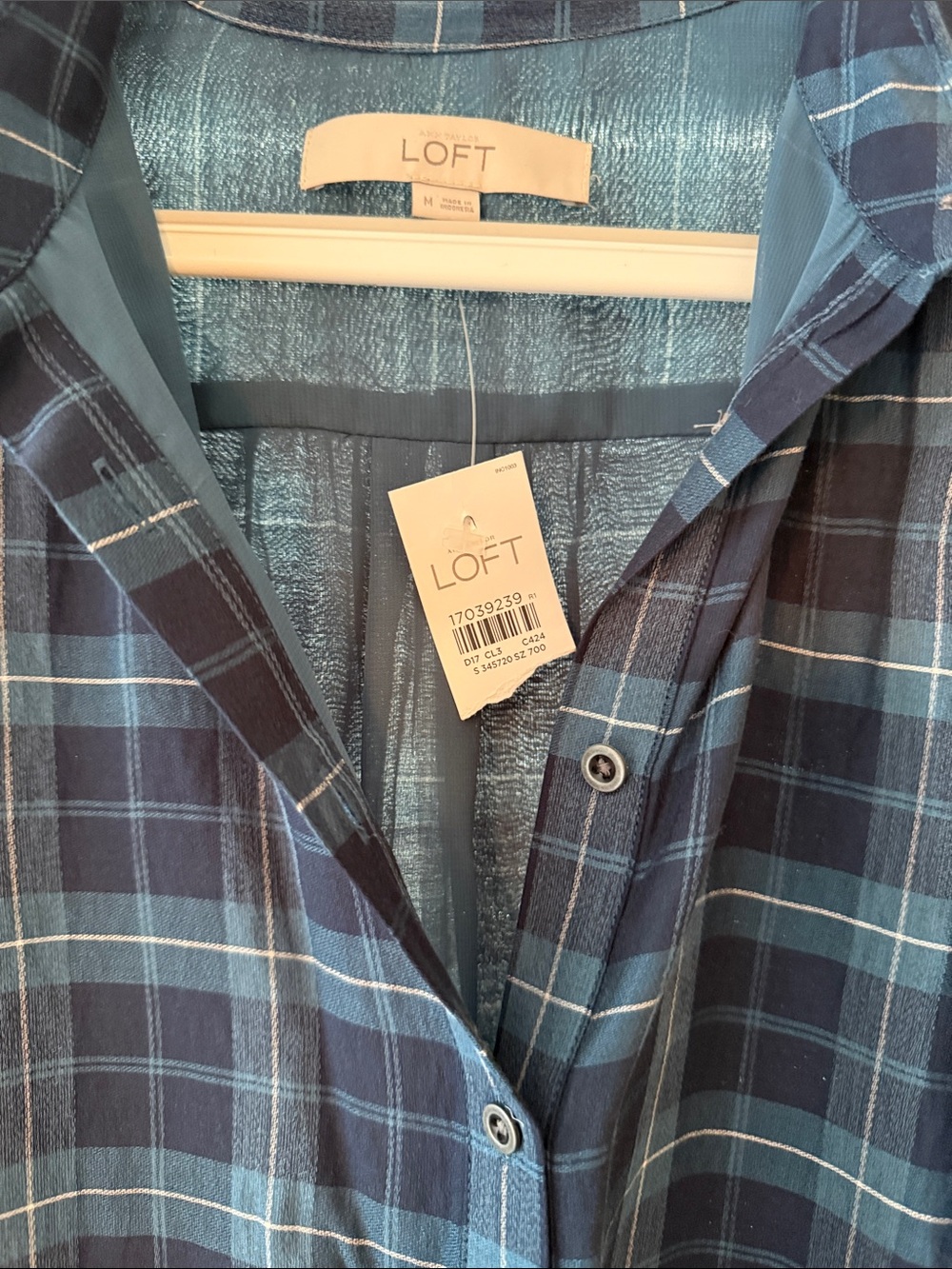 LOFT Navy and Light Blue Plaid Midi Shirt Dress - Picture 2 of 3